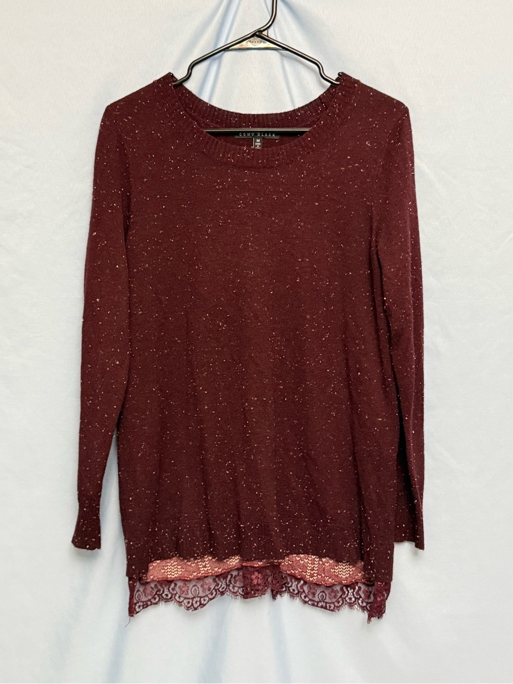Como Black Burgundy Speckled Knit Boho Lace Hem Tunic Sweater Top Size M